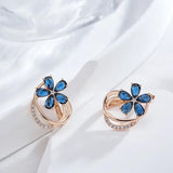 Luxury Geometric 14K Filled Rose Gold AAA Blue Zircon Crystals Flower Clip Earrings - Fashion Vintage Jewellery