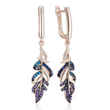 14 Karat Rolled Gold Purple With Blue AAA Zircon Crystals Leaf Drop Earrings