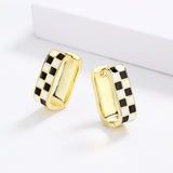 High Quality Checkerboard Handmade Enamel Black and White Plaid Stud Earrings