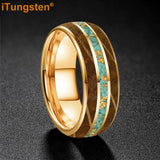 Whiskey Wood And Turquoise Gold Foil Inlay Unisex Tungsten Carbide Unisex Rings