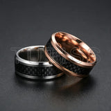 Black Carbon Fiber Inlay Beveled Edge Polished Multicolor Tungsten Carbide Rings