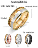 Dome Double Groove Inlaid Golden Crystal Stone Mother Of Pearl Shell 6/8mm Tungsten Ring