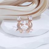 Delightful Rose Flower 14K Rolled Rose Gold AAA Zircon Diamonds Drop Luxury Earrings - Bridal Fine Jewellery