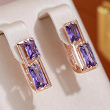 Luxury Asymmetrical Rolled 14K Rose GoldPurple AAA Zircon Crystals Square Geometric Dangle Earrings