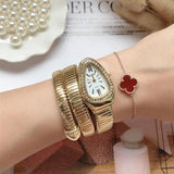 Luxury Brand Snake Quartz Ladies Gold Watch with Rhinestones - High Quality Female Fashion Bracelet Watches