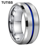 Blue Center Line Beveled Edges 8mm Tungsten Wedding Rings for Men Women