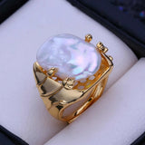 Elegant Natural Freshwater12-16mm Big Baroque Pearl Silver Gold Colour Ring