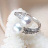 Double white pink purple black Freshwater Pearl AAA Zircon Diamonds Silver Rings
