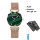 Elegant Fashion Green Malachite Dial Casual Ladies Watches - Stainless Steel Strap Waterproof Quartz Wristwatches