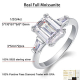 Gorgeous 3 Stone 1-4ct Emerald Cut VVS1 D Colour Moissanite Diamonds Silver Ring