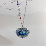 Fashion 925 Silver Hadmade Enamel Blue Lotus Flower Heart Sutra Necklace