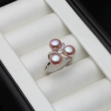 Genuine Pink Black White Purple Grey Real Silver AAA Zircon Diamonds Pearl Rings