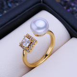 Elegant Design Real Pearl with princess-cut AAA cubic zirconia Gold Plated Ring