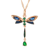 14k Rolled Gold Blue AAA Zircon Crystals Dragonfly Vintage Pendant Necklace For Women
