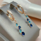 14K Rolled Gold Luxury Blue AAA Zircon Crystals Leaf Long Dangle Earrings