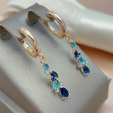 New Fashion 14K Rolled Rose Gold Luxury Blue AAA Zircon Crystals Leaf Long Dangle Earrings - Fine  Jewellery