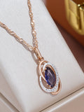 Luxury 14K Rolled Rose Gold AAA Purple Zircon Crystal Hollow Oval Pendant Necklace - Vintage Style Jewellery