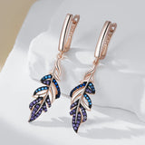 14 Karat Rolled Gold Purple With Blue AAA Zircon Crystals Leaf Drop Earrings