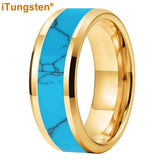 Blocky Turquoise Inlay Polished Bevel Edges Tungsten Carbide Rings for Men Women