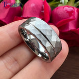 Multi-Faceted Brushed Offset Grooved  Hammer Finish 8MM Tungsten Wedding Rings