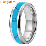 Blocky Turquoise Inlay Polished Bevel Edges Tungsten Carbide Rings for Men Women