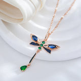 14k Rolled Gold Blue AAA Zircon Crystals Dragonfly Vintage Pendant Necklace For Women