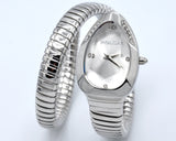 Luxury Silver Stainless Steel Coil Bracelet Quartz White Dial Crystal Snake Watch