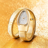 Popular Luxury Ice Diamond Quartz Gold Colour Watches For Women - Ladies Fashion Elegant Serpentine Watches