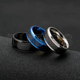 Black Carbon Fiber Inlay Beveled Edge Polished Multicolor Tungsten Carbide Rings