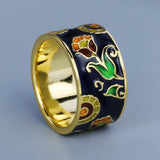 Vintage Elegant Black and Green Floral Handmade Enamel Silver 18KGP Ring