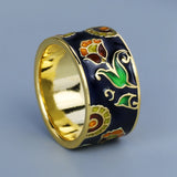 Vintage Elegant Black and Green Floral Handmade Enamel Silver 18KGP Ring