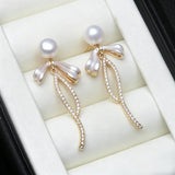 Delicate Ribbon Bow Silver Real Multicolour Pearl AAA Zircon Diamonds Stud Earrings