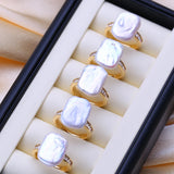 Irregular Big Baroque Natural Pearl Gold AAA Zircon Diamonds Silver Colour Rings