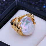Elegant Natural Freshwater12-16mm Big Baroque Pearl Silver Gold Colour Ring