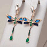 Dragonfly Design 14K Rolled Gold Blue AAA Zircon Crystals Dangle Vintage Earrings