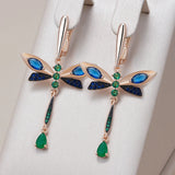 Dragonfly Design 14K Rolled Gold Blue AAA Zircon Crystals Dangle Vintage Earrings