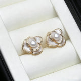 Camellia Flower Silver Multicolour Real Pearls Silver Cute Stud Earrings