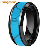 Blocky Turquoise Inlay Polished Bevel Edges Tungsten Carbide Rings for Men Women