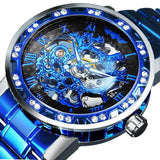 New Top Brand Luxury Transparent Diamond Mechanical Blue Stainless Steel Skeleton Business Fashion Mens Watches - The Jewellery Supermarket