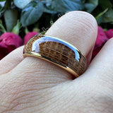 Whiskey Barrel Oak Wood Inlay Domed Polished Tungsten Engagement Wedding Rings