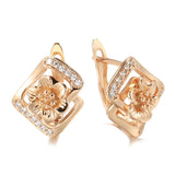 14K Gold Filled Elegant Geometric Rectangle AAA Zircon Diamonds Hollow Flower Earrings