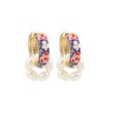 Boho Handmade Enamel Flowers Pearl Black Red Pink Vintage Gold Colour Hoop Earrings