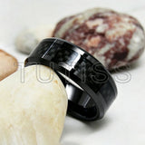 Black Carbon Fiber Inlay Beveled Edge Polished Multicolor Tungsten Carbide Rings