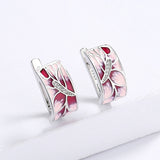 Pink Peach Elegant Flower Handmade Enamel AAA Zircon Diamonds Earrings