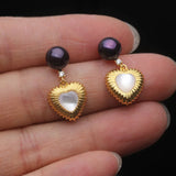 Fluted Heart Real Multicolour Pearls AAA Zircon Diamonds Silver Stud Earrings