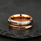 Whiskey Barrel Abalone Shell Inlaid With Rose Gold Polished Edge Tungsten Wedding