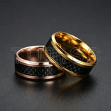 Black Carbon Fiber Inlay Beveled Edge Polished Multicolor Tungsten Carbide Rings
