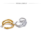 18k Gold Plated Stylish Unique Stainless Steel Pearls Geometric Open Chic Ring