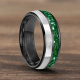 Dome Double Groove Inlaid With Green Crystal Stone Mother Of Pearl Shell Tungsten Rings