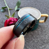 New Arrival 8MM Black Blue Offset Grooved Brushed Tungsten Carbide Wedding Ring for Men Women - The Jewellery Supermarket